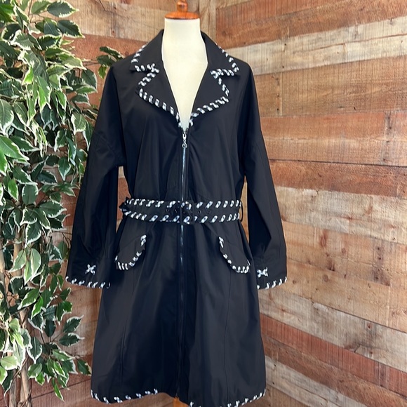 SAMUEL DONG Black Trench Coat with Plaid Trim - Picture 3 of 15